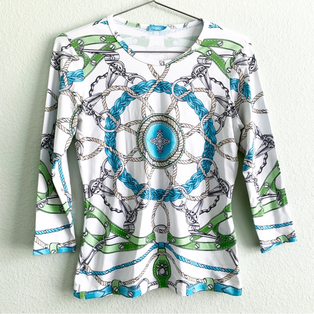J. MCLAUGHLIN women's nautical print top equestrian Catalina cloth  XS nylon